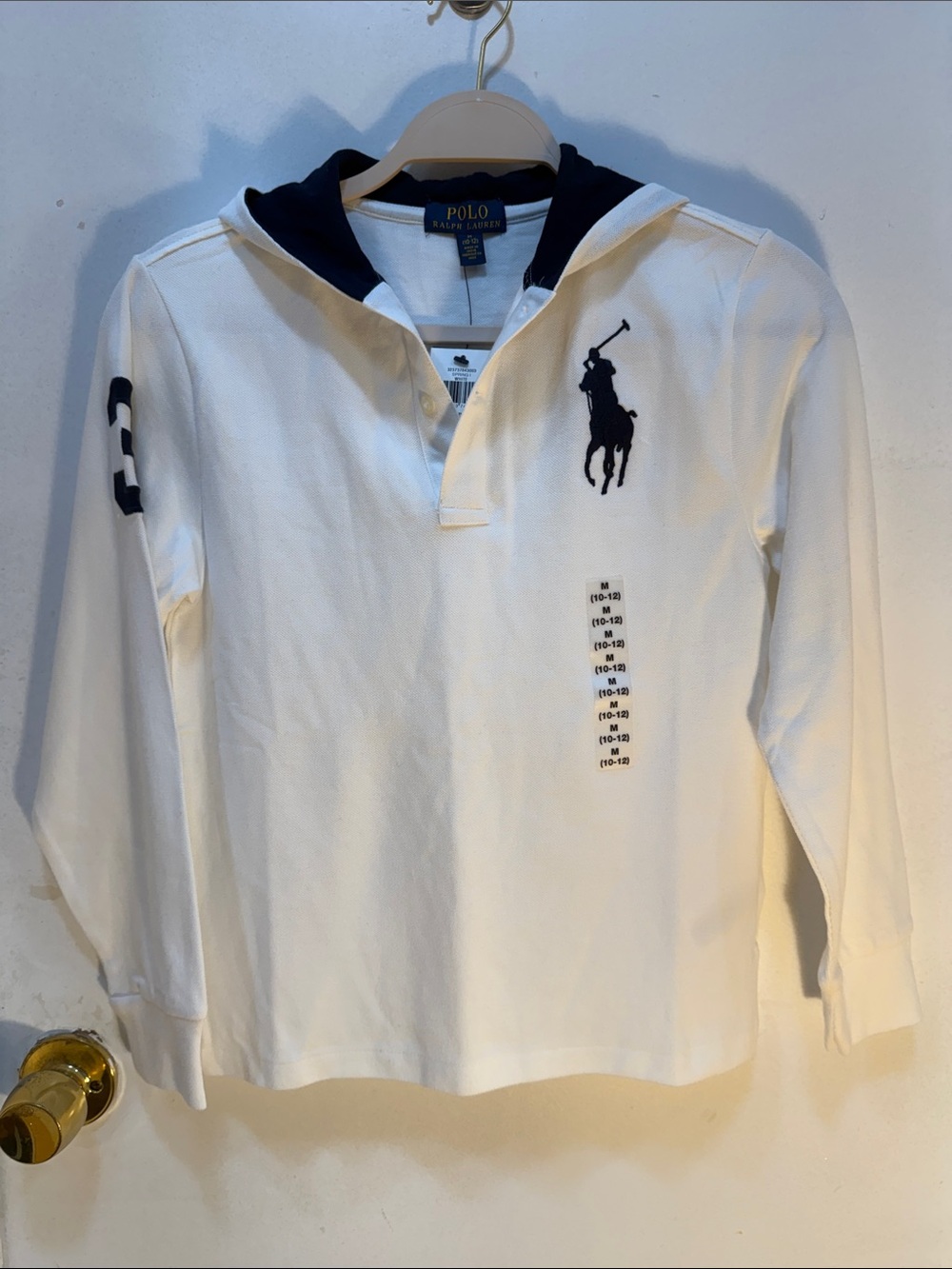 Ralph Lauren White Polo Shirt with Navy Logo & Hood